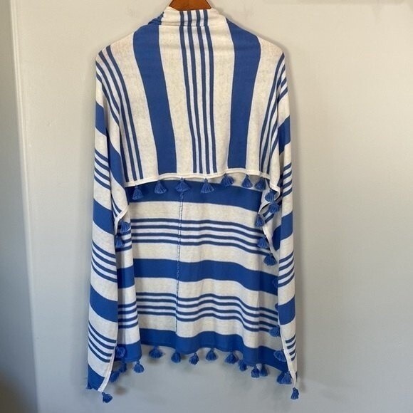 Caroline Grace Stripe Tassel Cashmere Blend Knit Poncho Shrug Topper White Wave - Picture 6 of 14